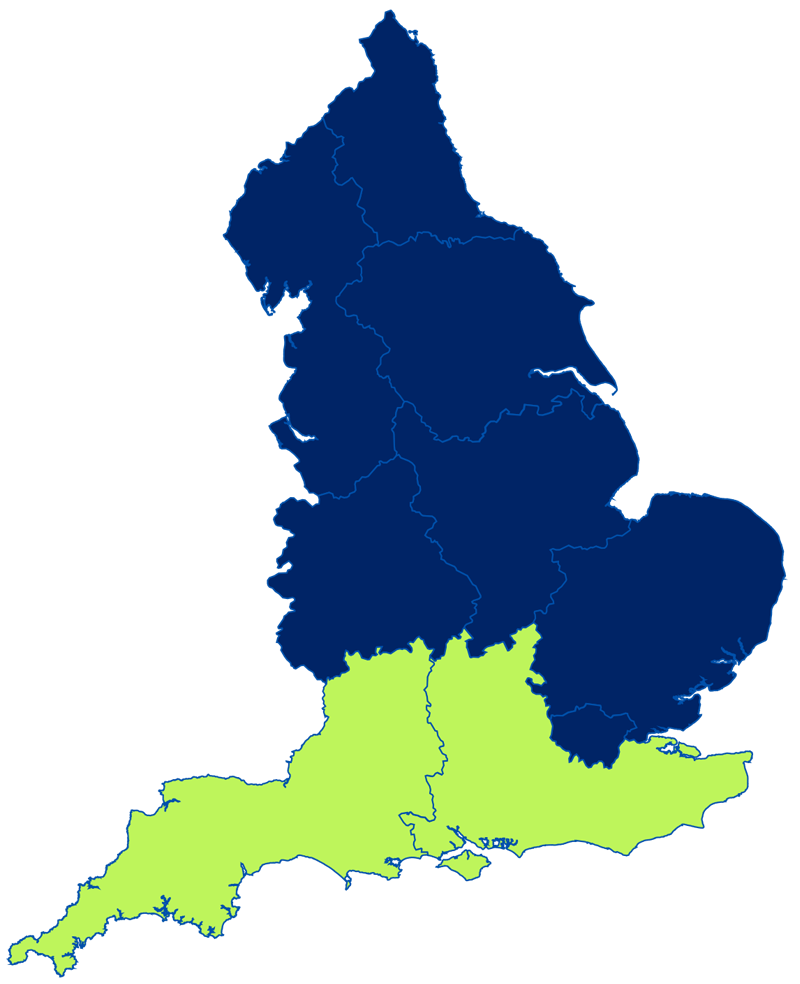 map of england with south england hightlighted